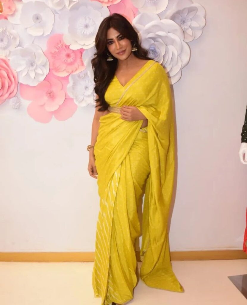 Actress Chitrangda Singh in a muslin yellow saree by True Browns