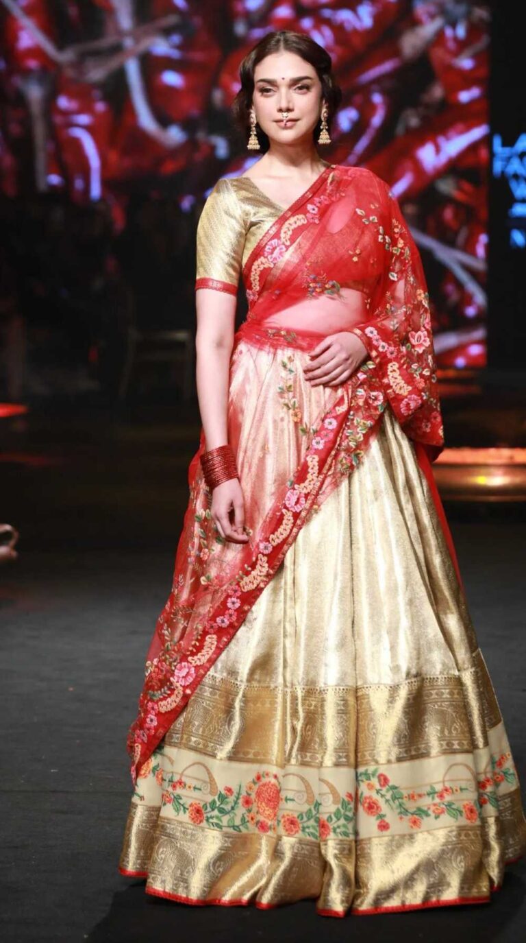 Aditi Rao Hydari walked the LFW ramp in a gold benarsi lehenga