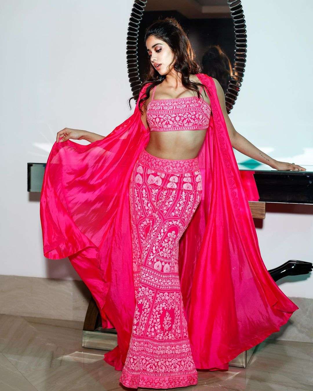 Janhvi Kapoor in a Ruby pink cape set by Manish Malhotra for “M &hellip;
