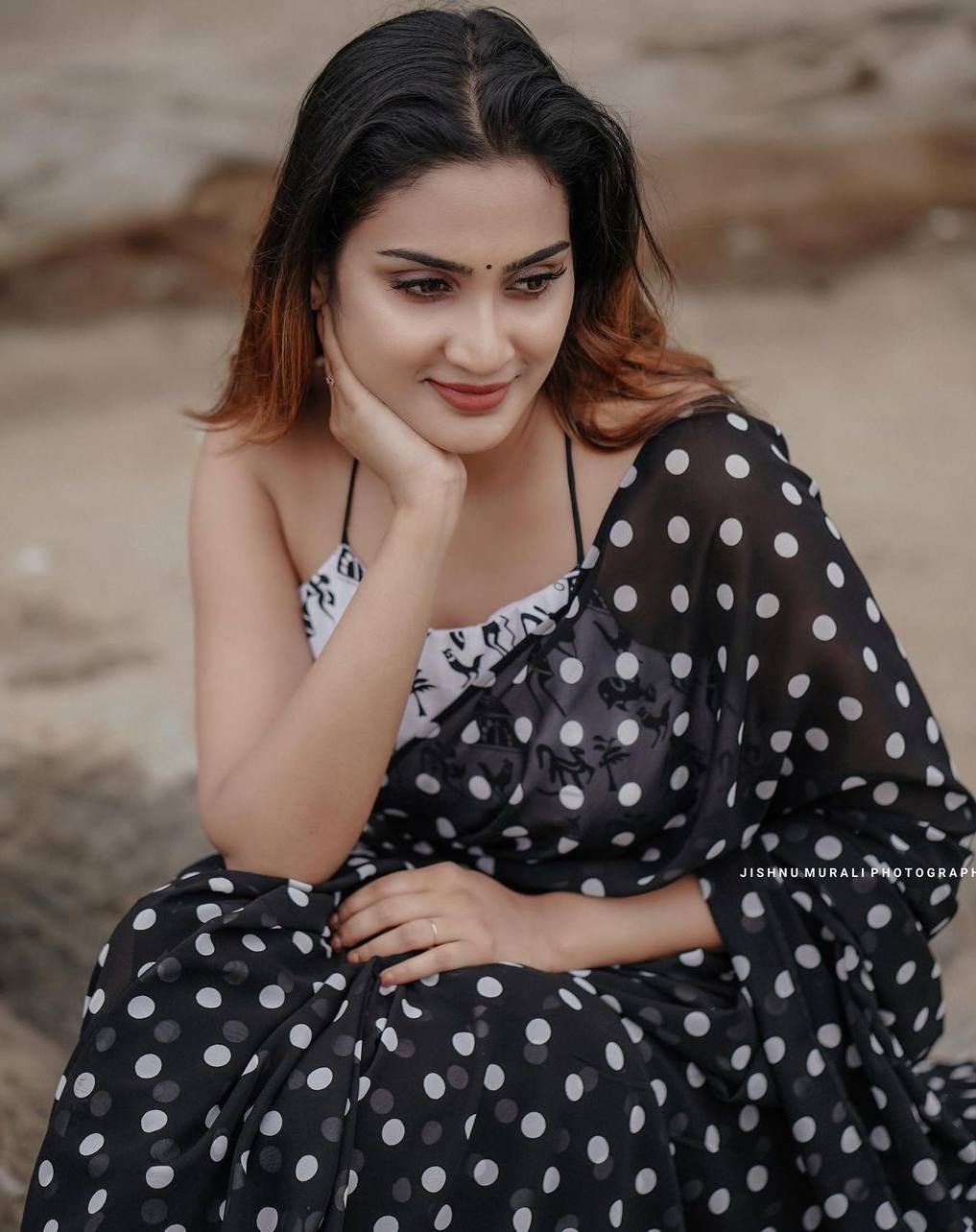 Aditi Ravi’s polka dot saree paired with a white crop top looks &hellip;