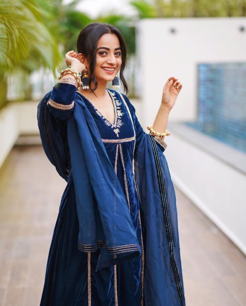 Namitha Pramod looks beautiful in a blue velvet mid-slit Anarkali &hellip;