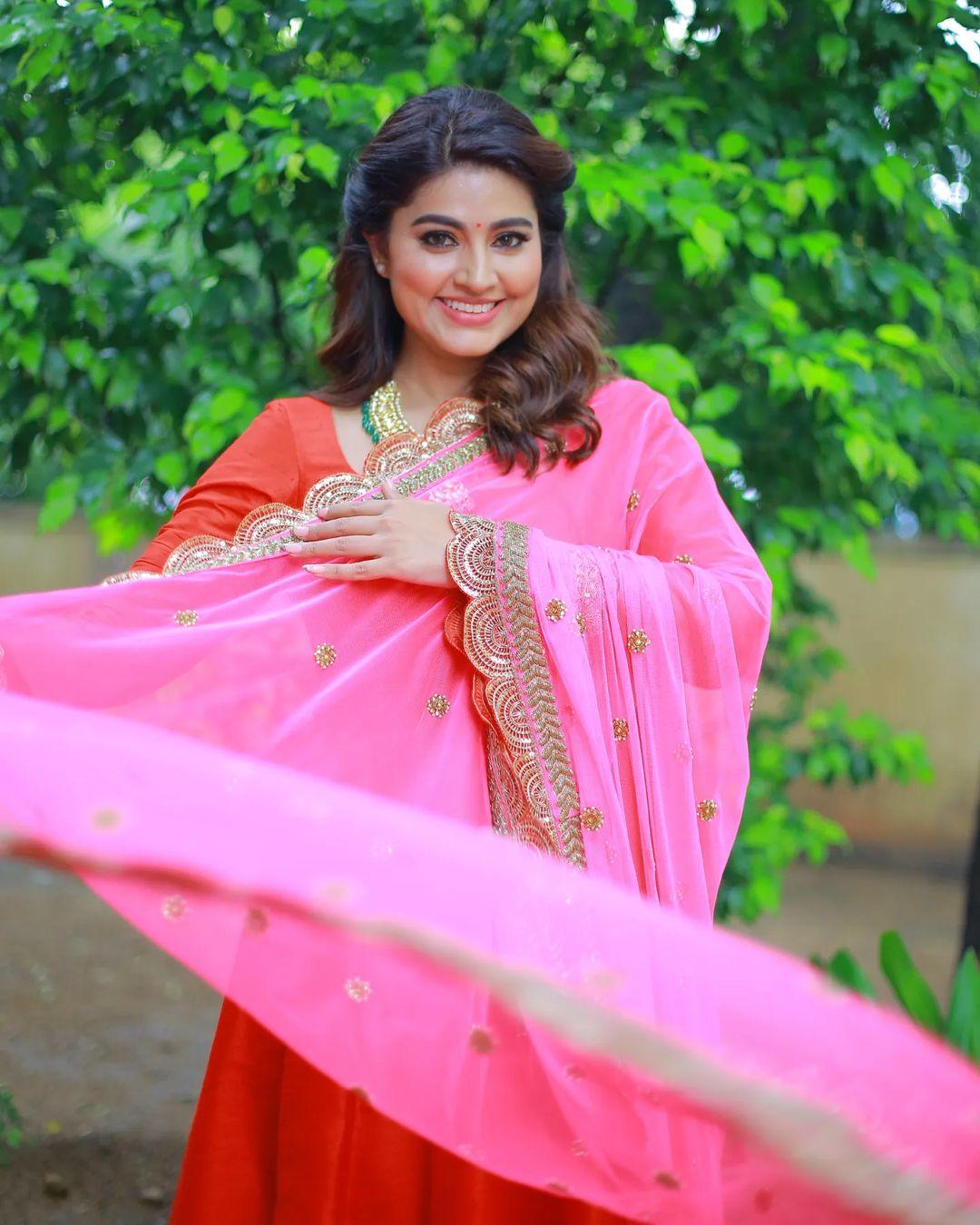 Sneha Prasanna in a rose Anarkali with a floral dupatta for a rea &hellip;