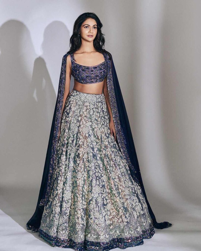Sneha Reddy in a blue sequinned lehenga for a Diwali party